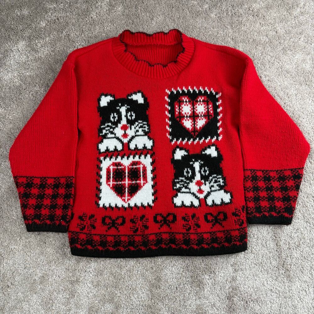 Vintage 80s Kitty Cat Christmas Sweater Kids Size XS Scalloped Neck Farmhouse